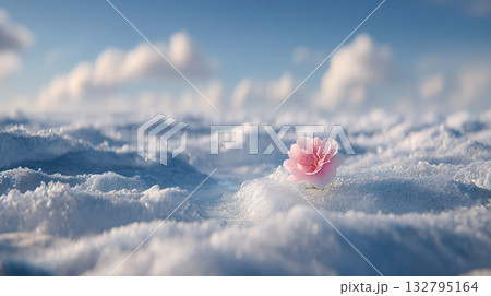 雪原に咲くピンク色の一輪の花のイメージ風景 132795164