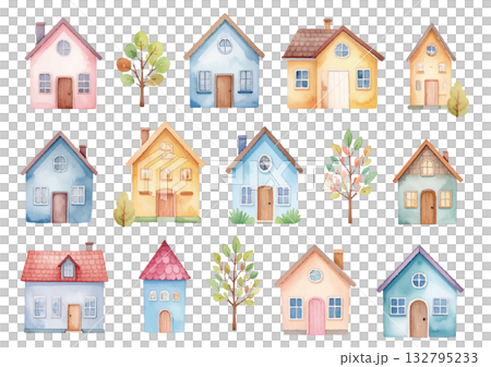 水彩風格可愛房子與樹木插畫集 132795233