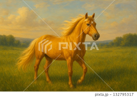 金色に輝く馬 ― 草原に立つリアルな姿 金色に輝く馬 ― 草原に立つリアルな姿 132795317
