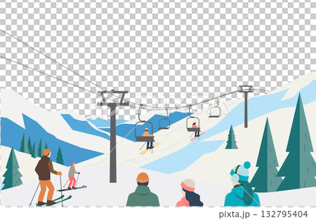 冬季滑雪勝地，纜車和人們正在欣賞美景的插圖 132795404