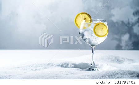 雪のようなマット背景とレモン香るジンの冬景 132795405