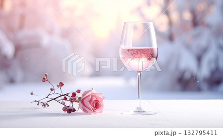 淡いフロストガラスとロゼワインの冬の気配 132795411