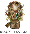 Hunting set. Rifle, bag, bugle, drake and oak shield. Marsh plants: cattail, reed, bulrush. Watercolor illustration on a white background. For cards, scrapbooking, wallpaper, and textiles 132795682