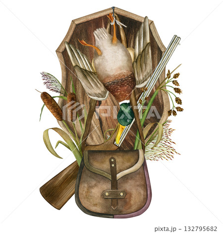 Hunting set. Rifle, bag, bugle, drake and oak shield. Marsh plants: cattail, reed, bulrush. Watercolor illustration on a white background. For cards, scrapbooking, wallpaper, and textiles Hunting set. Rifle, bag, bugle, drake and oak shield. Marsh plants: cattail, reed, bulrush. Watercolor illustration on a white background. For cards, scrapbooking, wallpaper, and textiles 132795682