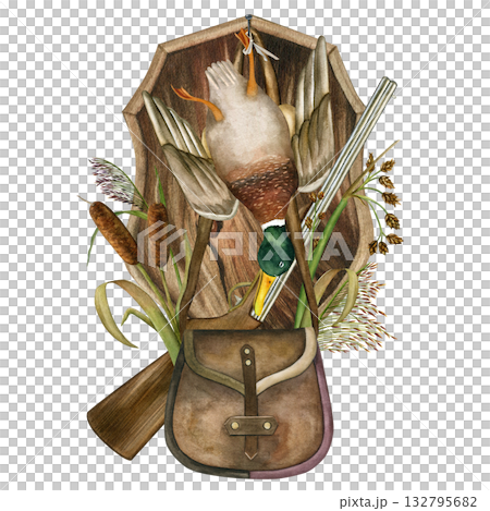 Hunting set. Rifle, bag, bugle, drake and oak shield. Marsh plants: cattail, reed, bulrush. Watercolor illustration on a white background. For cards, scrapbooking, wallpaper, and textiles Hunting set. Rifle, bag, bugle, drake and oak shield. Marsh plants: cattail, reed, bulrush. Watercolor illustration on a white background. For cards, scrapbooking, wallpaper, and textiles 132795682