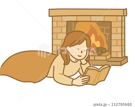 暖炉であたたまりながら読書をする女性のイラスト 132795688