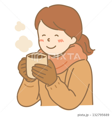 手袋をして飲み物を持つ女性のイラスト 132795689