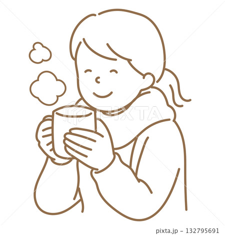 手袋をして飲み物を持つ女性のイラスト 線のみ 手袋をして飲み物を持つ女性のイラスト 線のみ 132795691