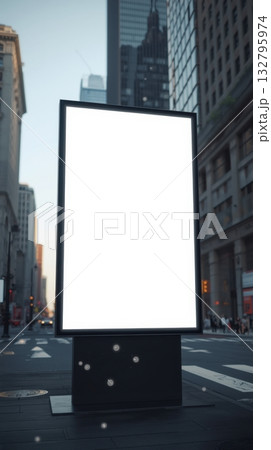 Blank advertising billboard mock up on busy urban street with skyscrapers and pedestrians, ideal for promotional design and marketing purposes 132795974
