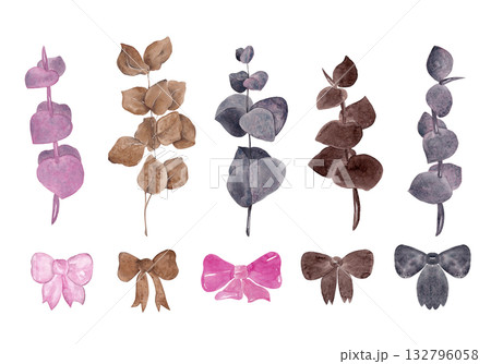 Four types of eucalyptus and bows in brown and purple. Large set for your design. Watercolor elements Four types of eucalyptus and bows in brown and purple. Large set for your design. Watercolor elements 132796058