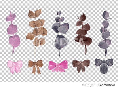 Four types of eucalyptus and bows in brown and purple. Large set for your design. Watercolor elements Four types of eucalyptus and bows in brown and purple. Large set for your design. Watercolor elements 132796058