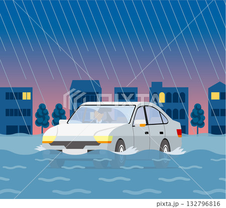 夜間に冠水した道路を走行する車＿角形 132796816