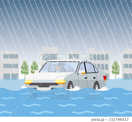 冠水した道路を走行する車＿角形 132796817