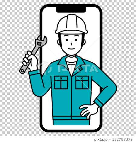 A male worker wearing a helmet receives online consultation via smartphone A male worker wearing a helmet receives online consultation via smartphone 132797378