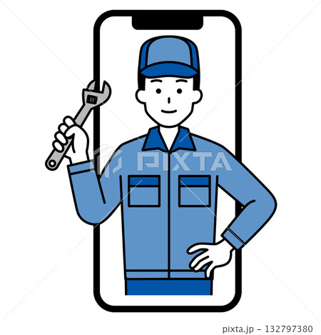 スマホでオンライン相談を受ける作業員の男性 132797380