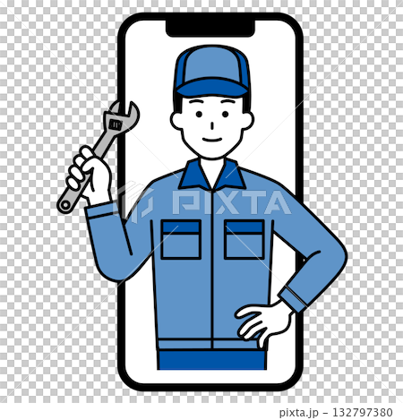 スマホでオンライン相談を受ける作業員の男性 132797380