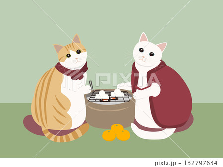 冬の風景　火鉢で餅を焼く2匹の猫 132797634