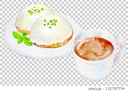 Watercolor illustration, hand-drawn illustration, lemon cake and coffee set 132797754