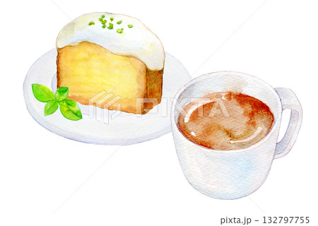 水彩イラスト　手描きイラスト　レモンケーキとコーヒーのセット 132797755