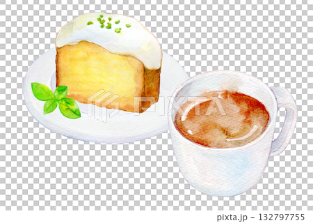 水彩イラスト　手描きイラスト　レモンケーキとコーヒーのセット 132797755