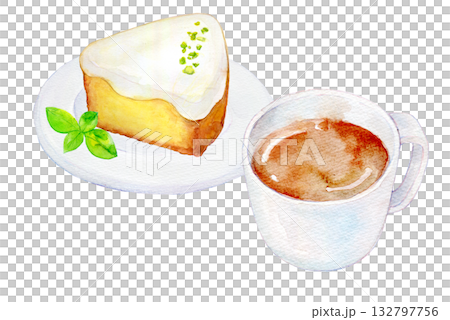 Watercolor illustration, hand-drawn illustration, lemon cake and coffee set 132797756