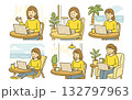 テレワークをする女性イラストセット テレワークをする女性イラストセット 132797963