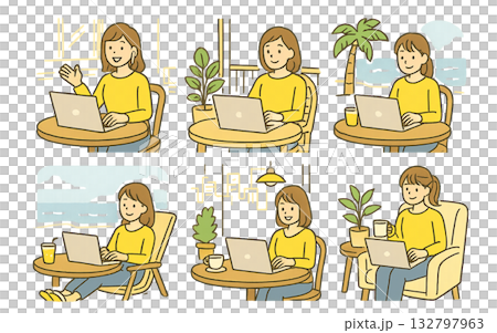 テレワークをする女性イラストセット 132797963