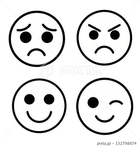 表情アイコンセット（笑顔、ウインク、怒り、悲しみ のシンプル顔マーク） 132798074