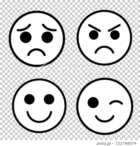 表情アイコンセット（笑顔、ウインク、怒り、悲しみ のシンプル顔マーク） 132798074
