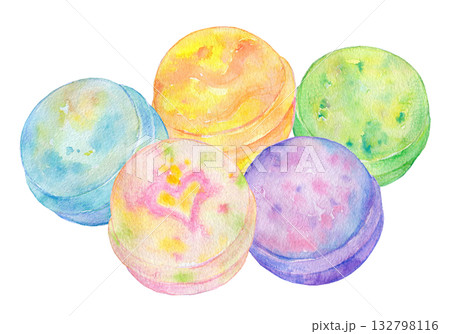水彩イラスト　手描きイラスト　カラフルなバスボムセット 132798116