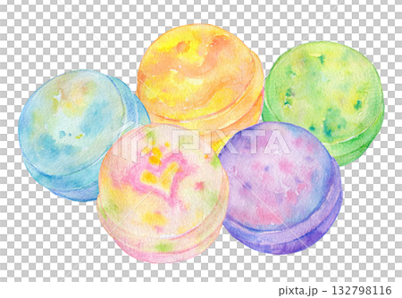 Watercolor illustration, hand-drawn illustration, colorful bath bomb set 132798116
