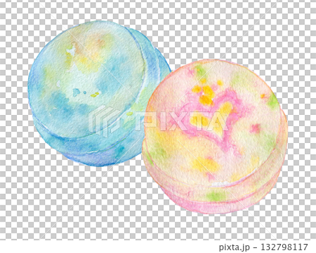 Watercolor illustration, hand-drawn illustration, colorful bath bomb set Watercolor illustration, hand-drawn illustration, colorful bath bomb set 132798117