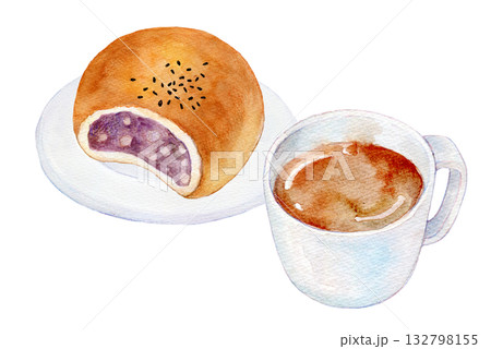 水彩イラスト 手描きイラスト あんぱんとコーヒーのセットメニュー 水彩イラスト 手描きイラスト あんぱんとコーヒーのセットメニュー 132798155