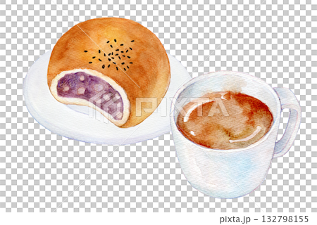 水彩イラスト 手描きイラスト あんぱんとコーヒーのセットメニュー 水彩イラスト 手描きイラスト あんぱんとコーヒーのセットメニュー 132798155
