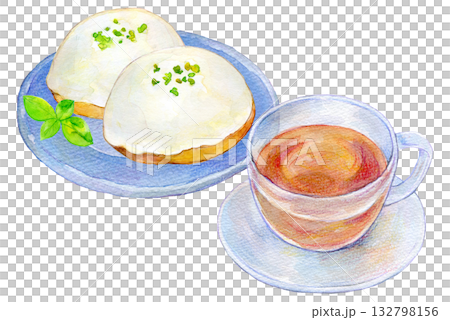 Watercolor illustration, hand-drawn illustration, lemon cake and tea set, coffee shop menu 132798156