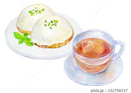 水彩イラスト　手描きイラスト　レモンケーキと紅茶のセット　喫茶店メニュー 132798157