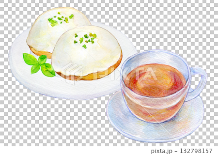 水彩イラスト　手描きイラスト　レモンケーキと紅茶のセット　喫茶店メニュー 132798157