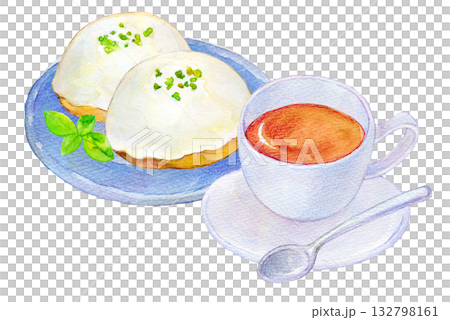 水彩插畫，手繪插畫，檸檬蛋糕和茶具，咖啡店菜單 132798161