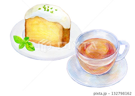 水彩イラスト 手描きイラスト レモンケーキと紅茶のセット 喫茶店