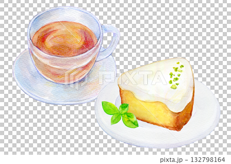 水彩イラスト　手描きイラスト　レモンケーキと紅茶のセット　喫茶店メニュー 132798164