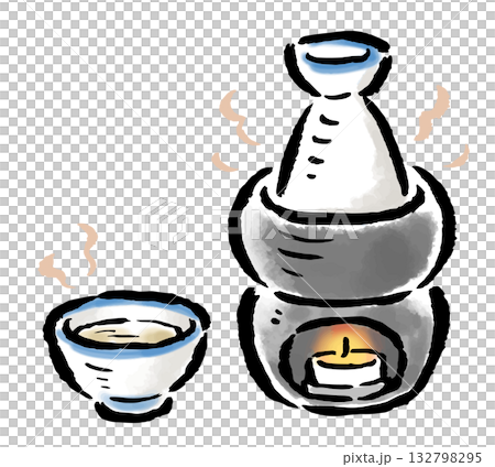 湯煎式で温める熱燗 筆タッチ手描きイラスト 湯煎式で温める熱燗 筆タッチ手描きイラスト 132798295