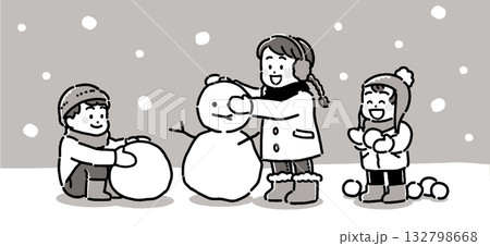 雪遊びする子供たちのモノトーンイラスト 132798668