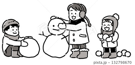 雪遊びする子供たちのモノトーンイラスト 132798670