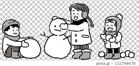 雪遊びする子供たちのモノトーンイラスト 132798670