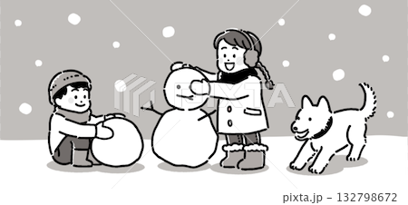 描繪兒童和狗在雪地裡玩耍的單色插圖 132798672