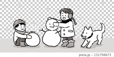 描繪兒童和狗在雪地裡玩耍的單色插圖 描繪兒童和狗在雪地裡玩耍的單色插圖 132798673