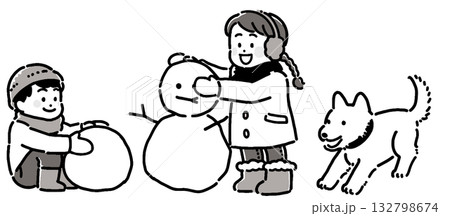 雪遊びする子供たちと犬のモノトーンイラスト 132798674