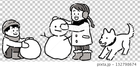 雪遊びする子供たちと犬のモノトーンイラスト 132798674