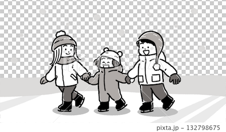 冬日里,一對男孩女孩在冰上滑冰的單色插圖 冬日里,一對男孩女孩在冰上滑冰的單色插圖 132798675