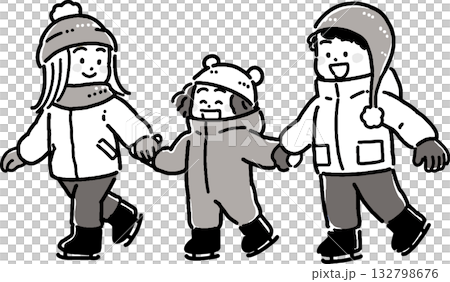 Monotone illustration of a boy and girl ice skating in winter 132798676